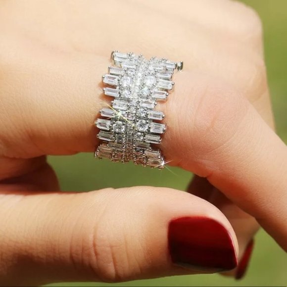 NEW Silver Baguette Round Diamond Wide Band Ring - Picture 3 of 7